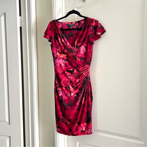 LAUREN by Ralph Lauren Floral Faux Wrap Ruched Dress Red Sz 4 - Picture 1 of 5